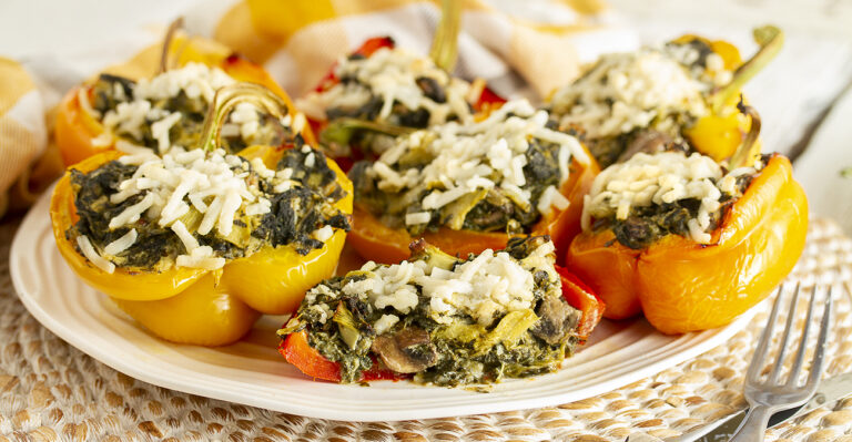 “Cheesy” Artichoke & Spinach Stuffed Peppers